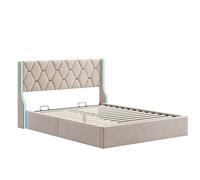 Superaly Upholstered Double Bed Frame 140 x 200 cm / 160 x 200 cm / 180 x 200 cm with LED Headboard, Hydraulic Storage, Beige, Velvet 140 x 190