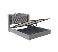 Superaly Velvet Upholstered Bed Frame with Slatted Support, Gray, 140 x 190 / 140 x 200 / 160 x 200 cm, with LED Lights, Wireless Charging, Storage Headboard, Hydraulic Storage 140 x 200