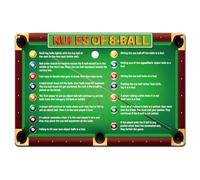SUPERDANT 1 cartel de metal con reglas de billar, 30 x 20 cm, placa de pared, preperforada, bordes redondeados, reglas de 8 bolas de hierro, decoración para bar, garaje, cueva de hombre, billar, salón