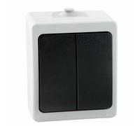 Superficie IP54 doble interruptor para instalaciones eléctricas, ideal para ambientes húmedos y exteriores.