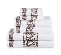 Superior Greek Pattern Decorative 6-Piece Towel Set, Absorbent Premium Cotton, Decor for Bathroom, Spa, Includes 2 Hand, 2 Face, and 2 Bath Towels, Home Essentials, Athens Collection, Chocolate
