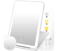 SURFOU Espejo cosmético con iluminación, Recargable, Plegable y ultradelgado, 3 Colores de luz Regulable, Pantalla táctil y 10 x Mini Aumento, Viajes y hogar (Blanco)