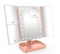 SURFOU Espejo de Maquillaje con Luces LED, 21 Leds, 3X Aumento (1X/2X/3X/10X), Espejo Tríptico Plegable, Pantalla Táctil 180° Ajustable, Dual USB/Batería, para Tocador - Oro Rosa