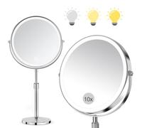 SURFOU Espejo de Maquillaje con Luz LED 10X/1X, Espejo Cosmético Doble Cara con Aumento, 3 Modos de Iluminación y Brillo Regulable, Recargable USB Type-C 2000mAh, Giratorio 360°, para Tocador y Baño