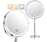 SURFOU Espejo Maquillaje con Luz LED, Aumento 1X/10X con Base, 3 Colores de atenuación, Giratorio 360°, Portátil para Pared, Baño, Viaje, Depilación y Cejas, Redondo