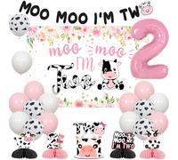 Sursurprise Decoraciones de cumpleaños con temática de vaca rosa, Moo Moo I'm Two Banner telón de fondo para tartas, centros de mesa, globos con estampado de vaca para niñas de 2 años, animales de