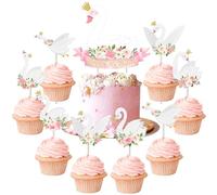 Sursurprise Decoraciones de fiesta de cumpleaños de cisne, 13 piezas (1 decoración para tartas, 12 adornos para cupcakes), cartulina de impresión de doble cara, suministros temáticos de cisne