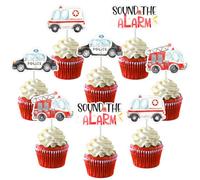 Sursurprise Decoraciones de fiesta de vehículos de emergencia, 36 piezas de vehículos de rescate para cupcakes, primeros auxilios, ambulancia, camión de bomberos, policía, suministros de fiesta de