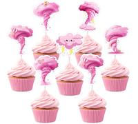 Sursurprise Decoraciones de fiesta temática de tornado para niñas, 36 piezas de decoración para cupcakes de tornado rosa, palillos para cupcakes con temática climática, dos suministros de fiesta de