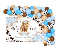 Sursurprise Decoraciones para baby shower de vaca de las tierras altas, kit de arco de guirnalda de globos de vaca azul con fondo de vaca sagrada Estamos teniendo un bebé, suministros de fiesta de