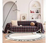 Surwin Funda Sofa Grande, Manta Sofá Estampado Navideño Funda Sofa Chaise con Flecos, Cubre Sofá Universal para Butacas de Salon y Chaise Longue (Cuadros Azul Marino,180x340cm)