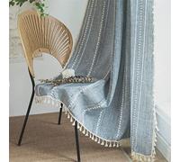 Sutuo Home Cortinas bohemias azules para dormitorio, sala de estar, semiopacas, de lino a rayas francesas, vintage, shabby chic, borlas, tratamiento de ventana, cortina bohemia, 1 panel de 52 pulgadas