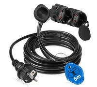 SWAWIS Alargador Enchufe IP44 5 m Alargador de Cables, 2 Schuko Cable de extensión 250 V / 16 A / 3500W para Hogar, Oficina, Interior o Exterior,Negro