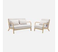 sweeek - Banco de 2 plazas + sillón de madera con borreguito , Lorens , 124x83x77 Crema