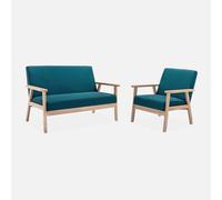 swe anco y sillón de madera y tela, 3 plazas , Isak , 114x69x73 Azul esmeralda
