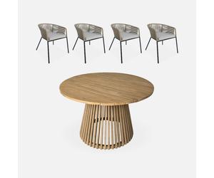 sweeek - Mesa de comedor redonda de madera, interior/exterior + 4 sillones de cuerda y acero, Oviedo + Santos, 120x120x75 cm Beige