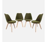 sweeek-Silla escandinava de Madera de Haya y Borreguito Texturizada, Set de 4 Verde Kaki - 49x55x81 cm