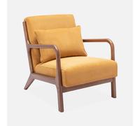 sweeek-Sillón escandinavo de Pana y Madera de hevea Nogal, Lorens Pana, Ocre, 65x80x79 cm
