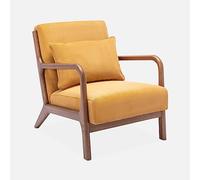 sweeek-Sillón escandinavo de Pana y Madera de hevea Nogal, Lorens Pana, Ocre, 65x80x79 cm