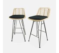 sweeek - Taburete de bar de metal y ratán, set de 2 , Cahya , 42x48x90 Negro
