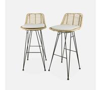 sweeek - Taburete de bar de metal y ratán, set de 2 , Cahya , 42x48x97 Beige