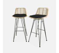 sweeek - Taburete de bar de metal y ratán, set de 2 , Cahya , 42x48x97 Negro