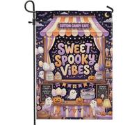 Sweet Creepy Mood Halloween Cafe Ghost Garden Flag 12 x 18 pulgadas | Cotton Candy Cafe, bandera de césped, fantasmas lindos, farolillos de Jack-o-lanterns, tipografía fantástica