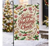 Sweet Holiday Cheer Candy - Bandera de jardín de Navidad de 12 x 18 | Bastones de caramelo, bandera de césped, hojas de acebo, tipografía festiva, decoración de temporada al aire libre