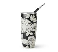 S'well - Botella de acero inoxidable con pajita y tapa deslizante, 700 ml, negra con flores, recipientes de triple capa aislados al vacío, bebidas frías durante 18 h y calientes durante 5 h, sin BPA