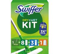 Swiffer Juego de mopa para suelo con 1 mopa + 8 paños secos y 3 húmedos + imán para el polvo, 1 mango + 1 recambio