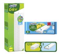 Swiffer Paños Secos Para Mopa, Recambios Secos 120 Unidades Y Recambios Húmedos Para Suelos 3 Unidades, Atrapa Y Retiene 3 Veces Mucho Polvo, Suciedad Y Pelo Que Una Escoba O Mopa Convencional
