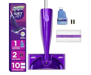 Swiffer WetJet - Kit de iniciación de Limpiador de mopa en Aerosol para Madera Dura y Pisos, Incluye: 1 mopa eléctrica, 10 Almohadillas, solución de Limpieza, baterías