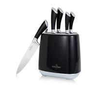SWISS HAUS - Juego de 5 cuchillos de cocina con bloque de almacenamiento - Colección Lago Ginebra Negro - Acero inoxidable robusto - Hojas de 9 a 20 cm - Grosor de 1,7 a 2,2 mm