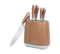 SWISS HAUS - Juego de 5 cuchillos de cocina con bloque de almacenamiento - Colección Lake Geneva Copper - Acero inoxidable resistente - Hojas de 9 a 20 cm - Grosor de 1,7 a 2,2 mm