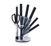 SWISS HAUS - Juego de cuchillos de cocina de 9 piezas - Colección Lake Geneva, negro - Bloque vertical para cuchillos - Hojas de corte de 1,5 mm, hojas de precisión de 1,2 mm