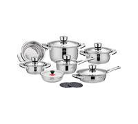 SWISS HAUS - Juego de utensilios de cocina de 16 piezas Colección Zermatt Glacier - Acero inoxidable - Apto para todo tipo de cocinas - Tapas de acero inoxidable 201 - Base robusta de acero 430