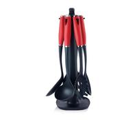 SWISS HAUS - Juego de utensilios de cocina de 7 piezas con soporte giratorio - Colección Lago Ginebra Burdeos - Espátula, espumadera, cucharón, cuchara, cuchara -