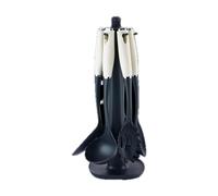 SWISS HAUS - Juego de utensilios de cocina de 7 piezas con soporte giratorio - Colección Lake Geneva Cream - Espátula, espumadera, cucharón, cuchara medidora, cuchara - Platos ergonómicos para servir
