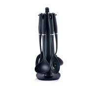 SWISS HAUS - Juego de utensilios de cocina de 7 piezas con soporte giratorio - Colección Lake Geneva, negro - Espátula, espumadera, cucharón, cuchara medidora, cuchara - Diseño ergonómico para servir