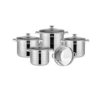 SWISS HAUS - Juego de utensilios de cocina de 9 piezas, Colección Montreux - Acero inoxidable 201/430 - Apto para todo tipo de cocinas- Cacerolas de Ø22-28 cm, cesta vaporera de Ø28 cm - SH-NC2009