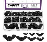 Swpeet 130Pcs 7Sizes M3 M4 M5 M6 M8 M10 M12 Metric Black Nylon Wing Nuts Kit de surtido de tuercas de mariposa, torsión de mano apriete tuercas de fijación de plástico de la tuerca de la mariposa
