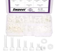 Swpeet Juego de 330 tuercas hexagonales M4 de 6 tamaños de nailon blanco con arandelas, kit surtido de tornillos de cabeza hexagonal de plástico, tornillos de cabeza hexagonal de rosca completa, perno