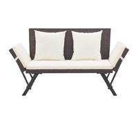 SYDE Banco de Jardín Ratán Sintético Marrón 176 cm | Estructura de Acero, Cojín Extraíble, Convertible en Tumbona, 1 Banco con 2 Almohadas