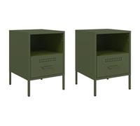 SYDE Mesitas de Noche 2 Unidades Acero Verde Oliva 36x39x50,5 cm | Industrial Style, Cold Rolled Steel Frame, Adjustable Screw Legs, Easy Clean, Wall Mount Device Included