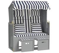 SYDE Silla Strandkorb con Cojines, Ratán Sintético y Madera, Azul y Blanco | Toldo Solar, Respaldo Ajustable 3 Posiciones, Reposapiés Extensible, para Playa Jardín