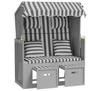 SYDE Silla Strandkorb Ratán Sintético Madera Gris Blanco | Respaldo Ajustable 3 Posiciones, Reposapiés Extensible, Toldo Solar, Cojines Acolchados