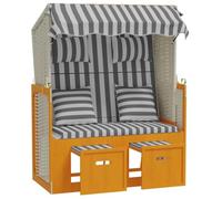 SYDE Strandkorb Silla con Cojines, Ratán Sintético y Madera | Toldo Solar, Reposapiés Extensible, Respaldo 3 Posiciones, para Jardín y Playa