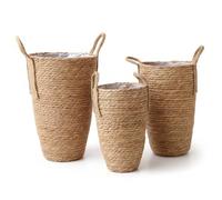 Syglawnd Macetero de ratán de 3 uds., Cesta de Plantas Tejida de Algas Marinas de 3 tamaños para decoración del hogar y balcón, con Mango de Revestimiento Impermeable