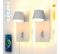 Sytmhoe 2 lámparas de pared blancas regulables con 3 temperaturas de color, puerto de carga USB tipo C y cable de interruptor, 25 W, hotel, salón, dormitorio, lámpara de pared giratoria, luces LED de