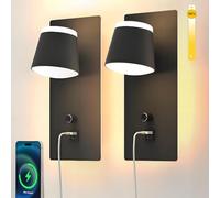 Sytmhoe 2 lámparas de pared de 16 W, regulables con interruptor, puerto de carga USB tipo C, 3000 K, color negro, para dormitorio, salón, escalera, cocina, mesita de noche, lámpara de lectura, pared